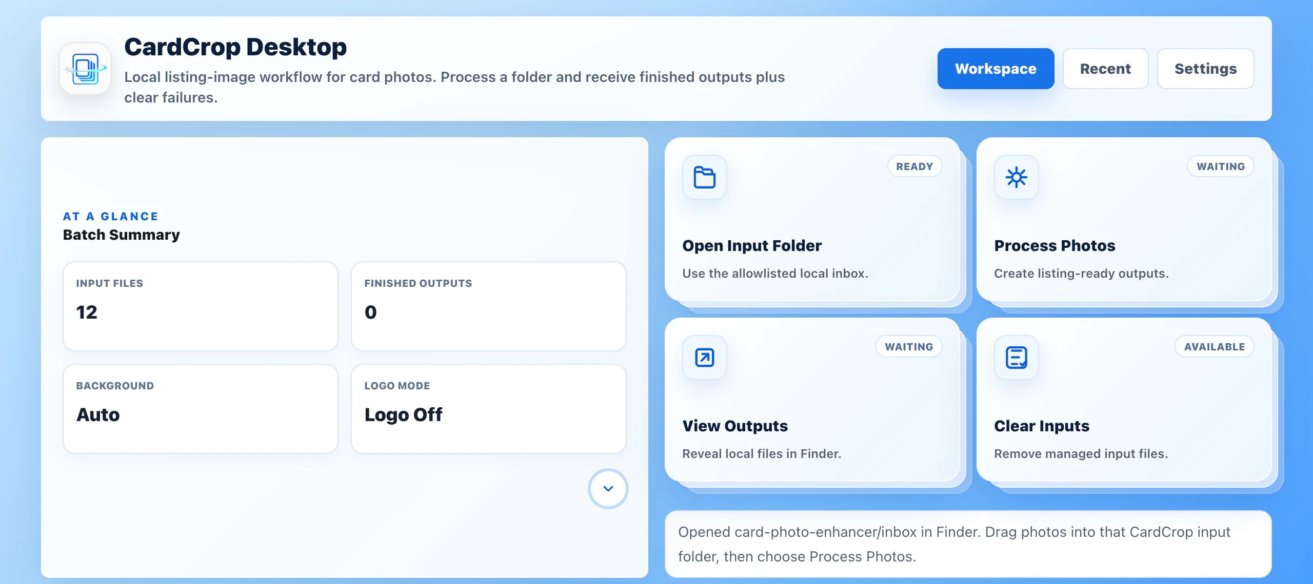 Real CardCrop Desktop batch workspace with input photos ready to process